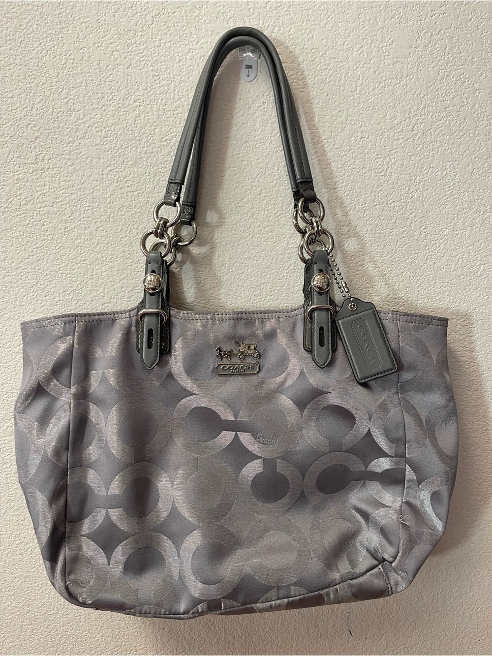 Coach Gray Signature Jacquard Tote with Leather Handles